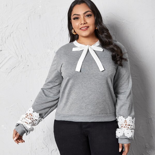 

Plus Contrast Lace Tie Neck Sweatshirt, Grey