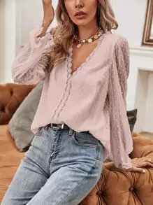 SHEIN Frenchy Swiss Dot Lace Panel Blouse Winter Elegant Pink - Baby Pink - View 1