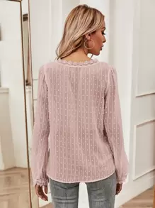 SHEIN Frenchy Swiss Dot Lace Panel Blouse Winter Elegant Pink - Baby Pink - View 2