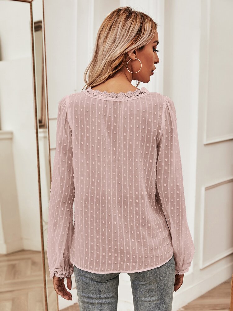 SHEIN Frenchy Swiss Dot Lace Panel Blouse Winter Elegant Pink - Baby Pink - View 2