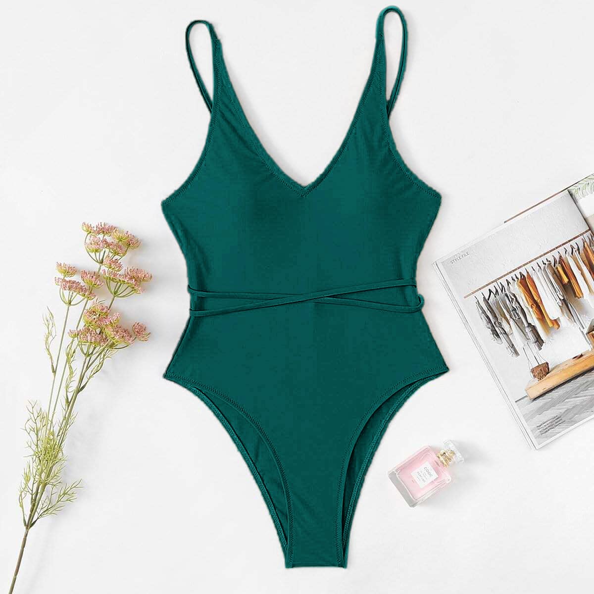 

Knot Detail Tie Back One Piece Swimsuit, Dark green