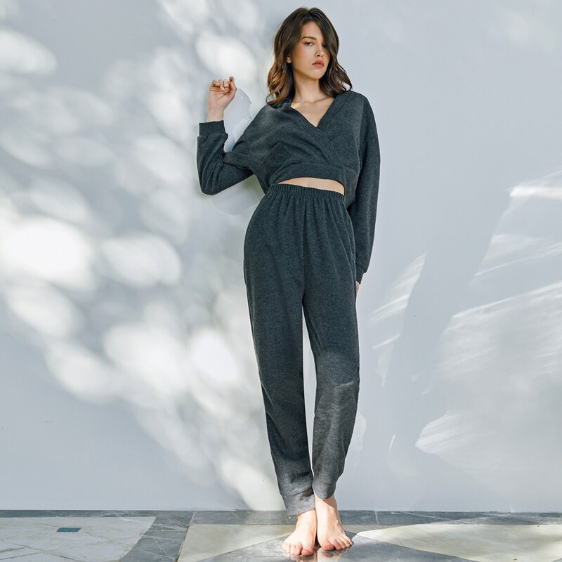 

Surplice Neck Top With Pants Lounge Set, Dark grey