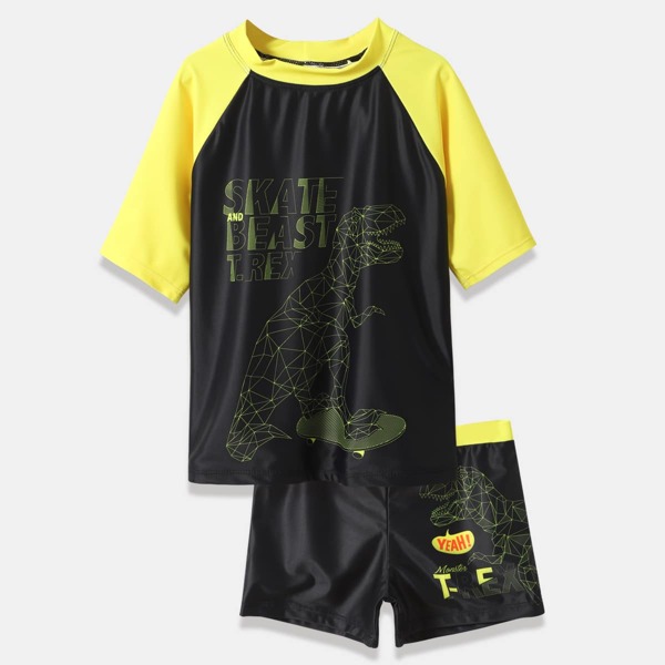 

Boys Cartoon Dinosaur & Letter Graphic Swimsuit, Black