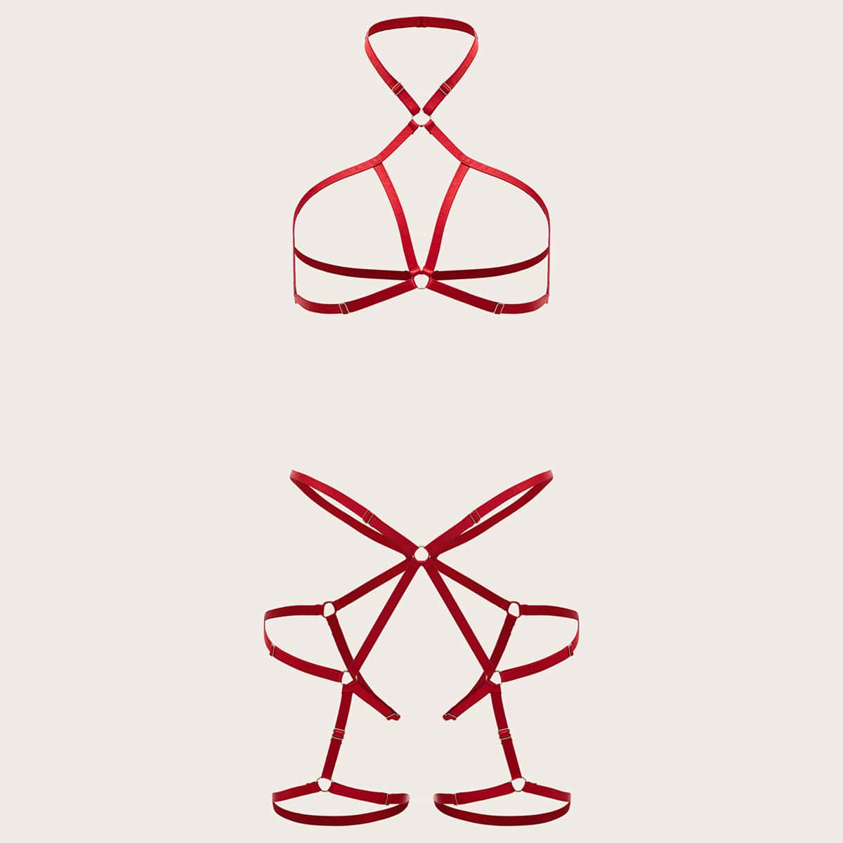 

Ring Linked Cut-out Harness Lingerie Set, Red