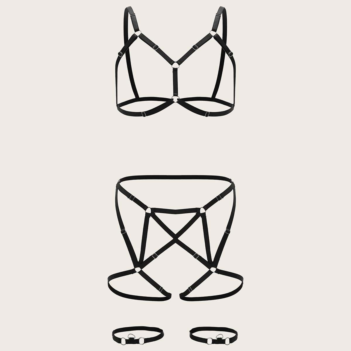 

Ring Linked Cut-out Lingerie Set, Black