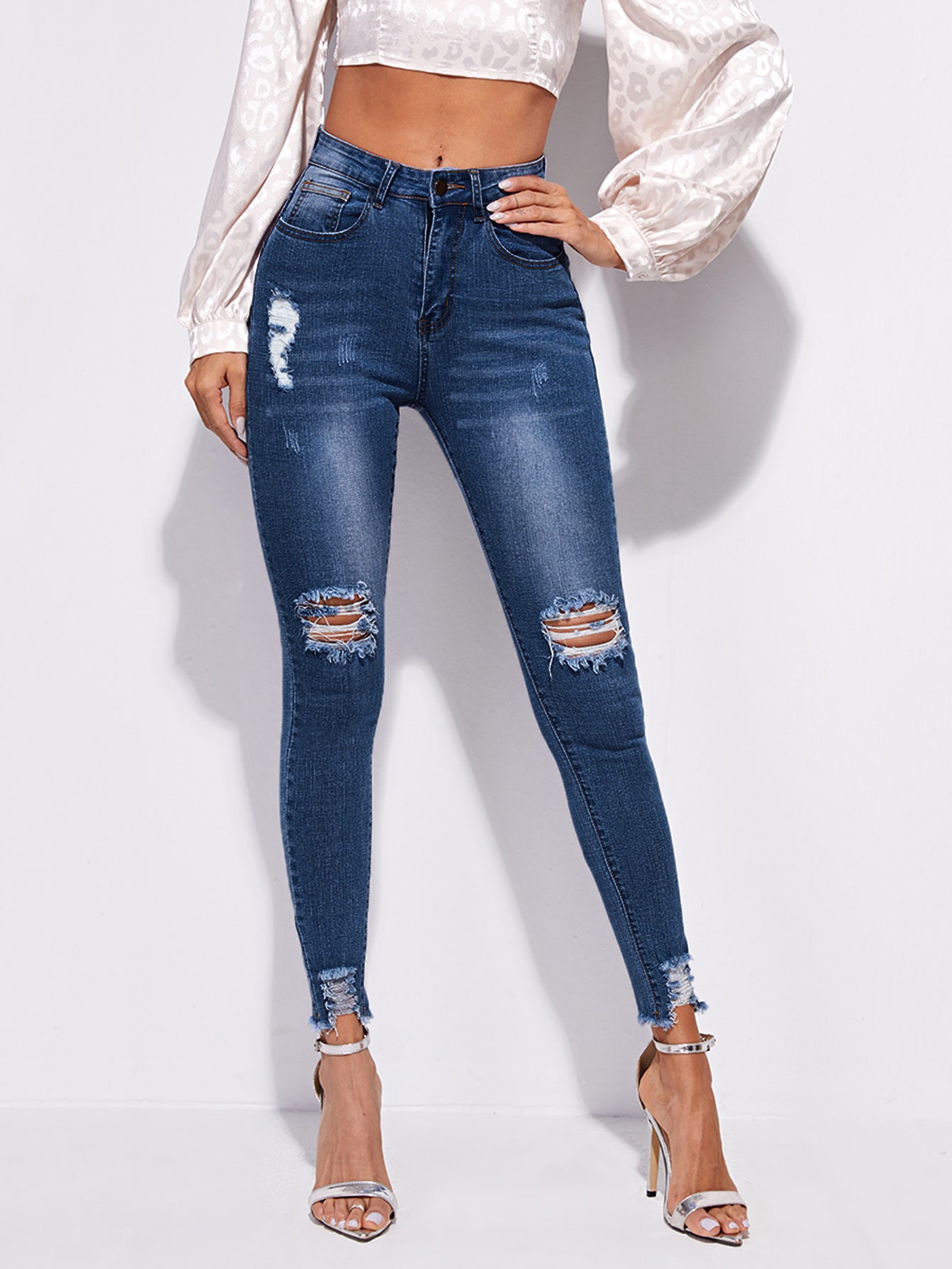 High Stretch Raw Hem Ripped Skinny Jeans thumbnail