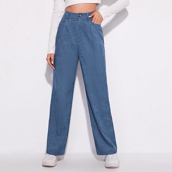 

Plicated Straight Leg Corduroy Pants, Blue
