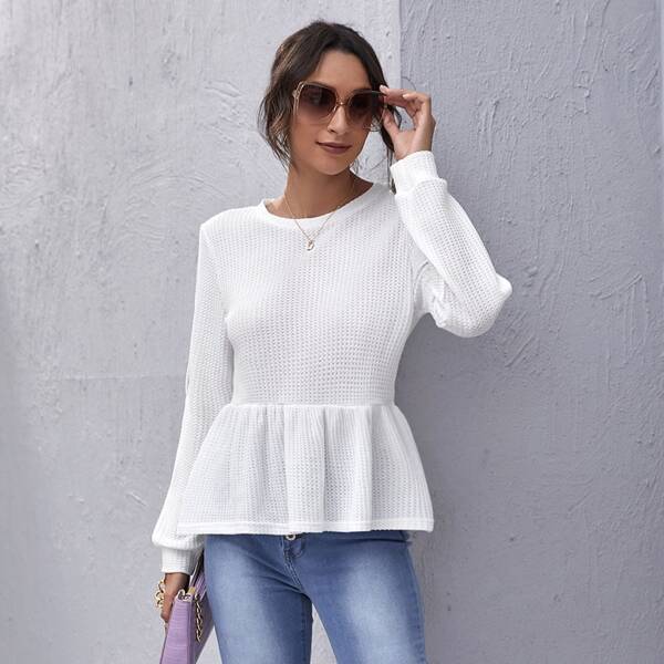 

Split Sleeve Waffle Knit Peplum Tee, White