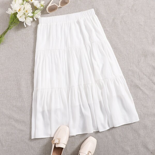 

Solid Ruffle Hem Skirt, White