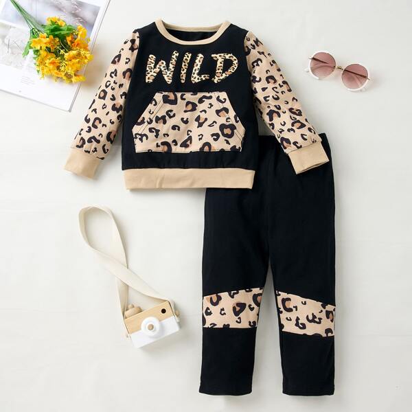 

Toddler Girls Letter And Leopard Sweatshirt & Pants, Multicolor