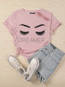 眉毛和字母圖案T恤 - 藕粉色 - 查看 1