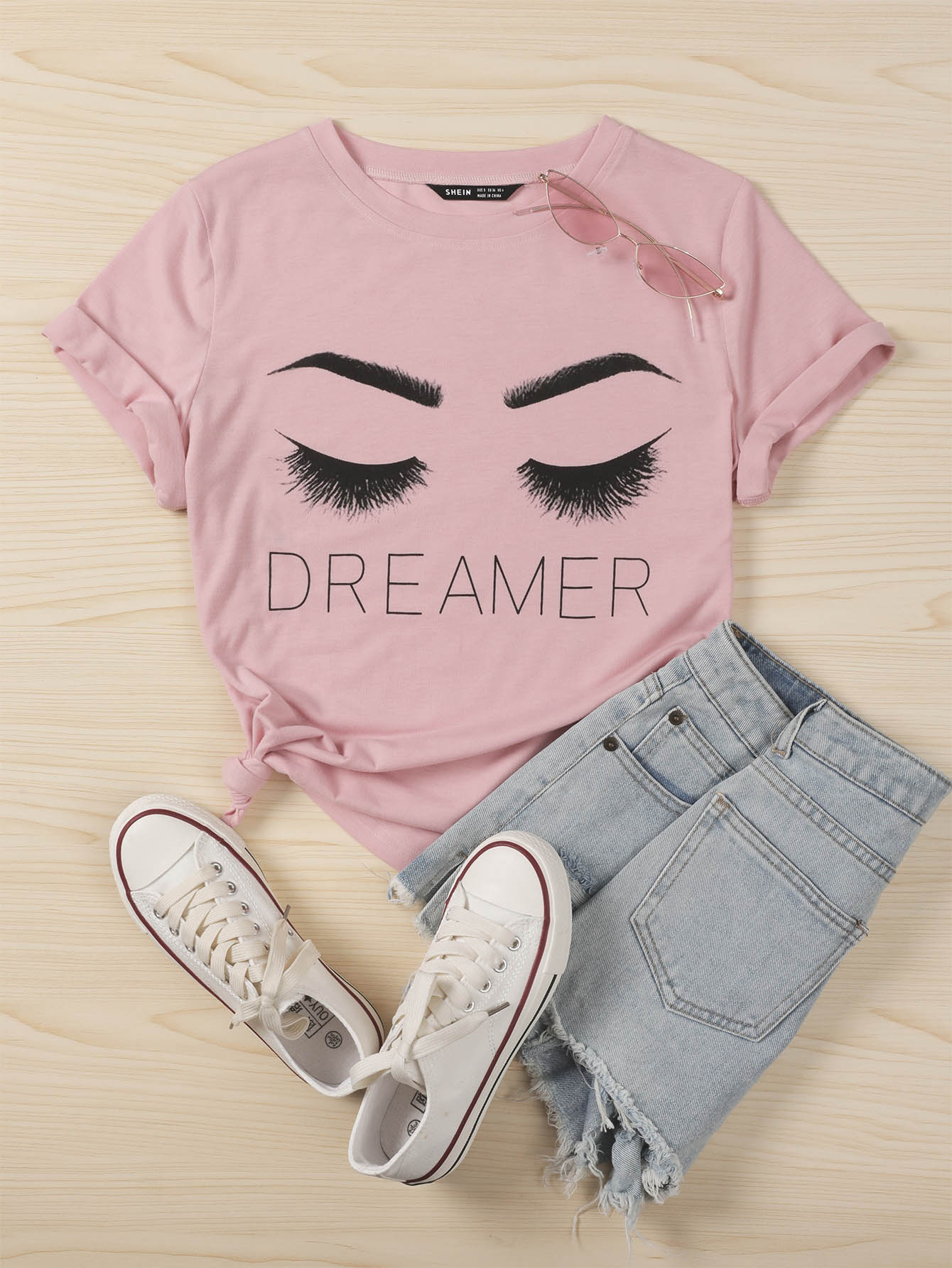 眉毛和字母圖案T恤 - 藕粉色 - 查看 1