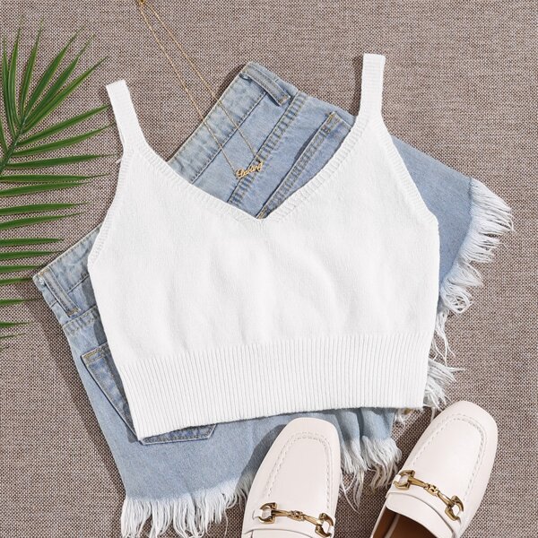 

Solid Crop Cami Knit Top, White