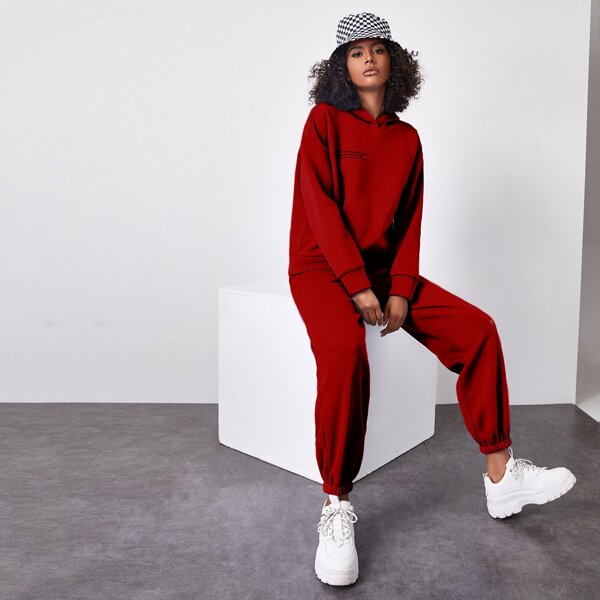 

Drop Shoulder Slogan Graphic Hoodie & Sweatpants Set, Burgundy