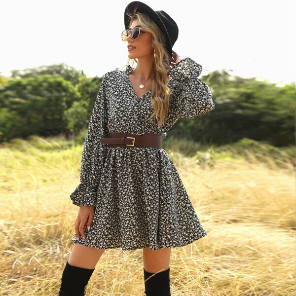 

Notched Neck Ditsy Floral Dress Without Belt, Black and white