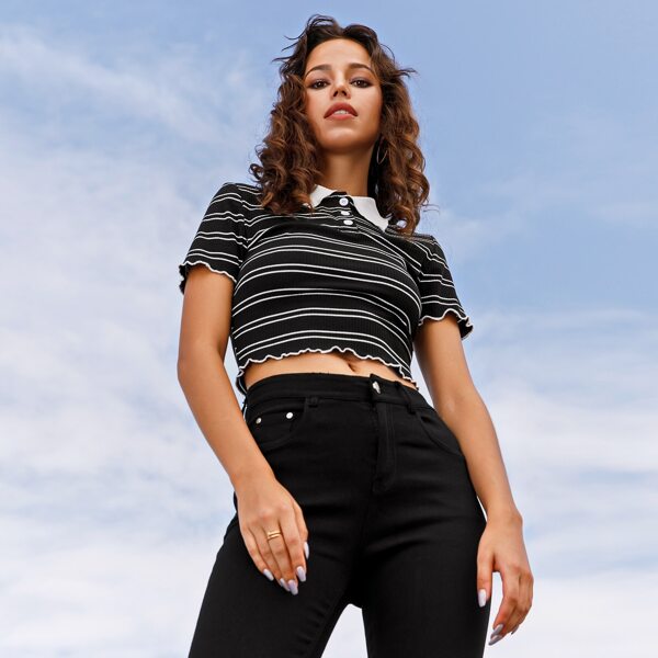 

Polo Neck Lettuce Trim Stripe Tee, Black and white