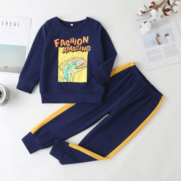 

Toddler Boys Cartoon & Letter Graphic Sweatshirt & Sweatpants Set, Navy blue