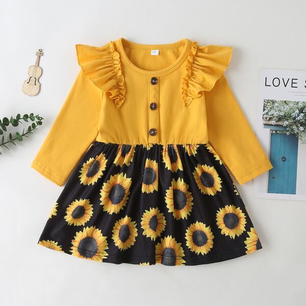 

Baby Girl Sunflower Print Ruffle Combo Smock Dress, Multicolor