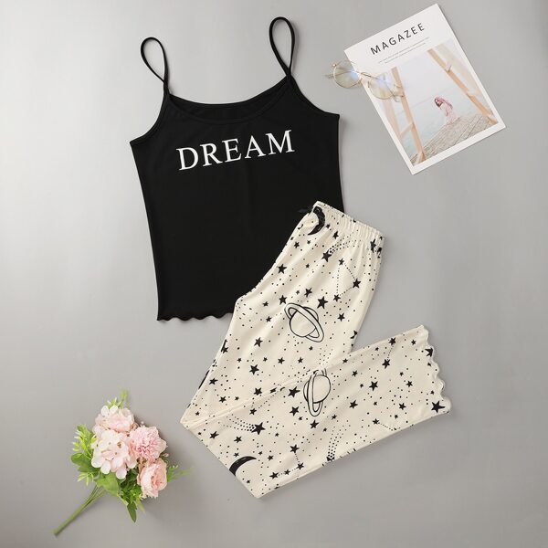 

Letter Graphic Cami Top & Galaxy Print Pants PJ Set, Black and white