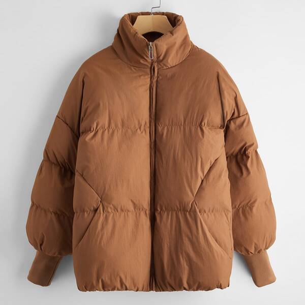 

Solid Zip Up Puffer Coat, Brown