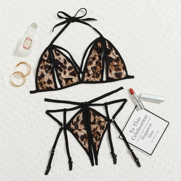 

Leopard Cut-out Crotchless Garter Lingerie Set, Multicolor