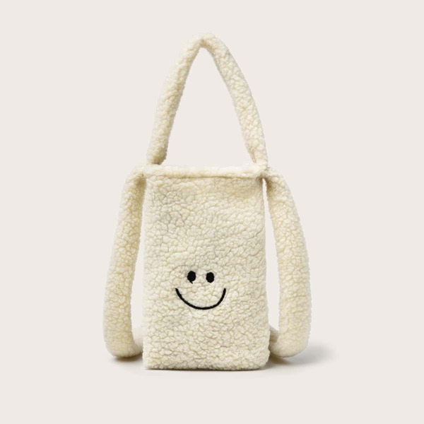 

Faux Shearling Embroidered Detail Satchel Bag, Beige