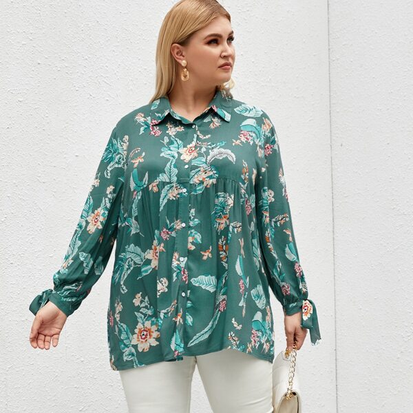 

Plus Knotted Cuff Tropical Print Smock Blouse, Green