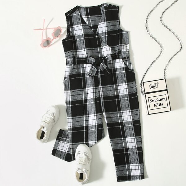 

Toddler Girls Self Tie Surplice Front Plaid Jumpsuit, Black and white
