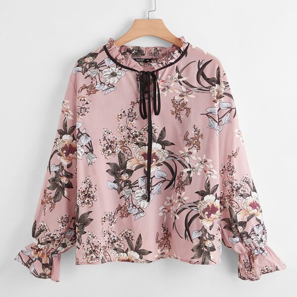 

Plus Floral Print Frill Tie Neck Blouse, Dusty pink