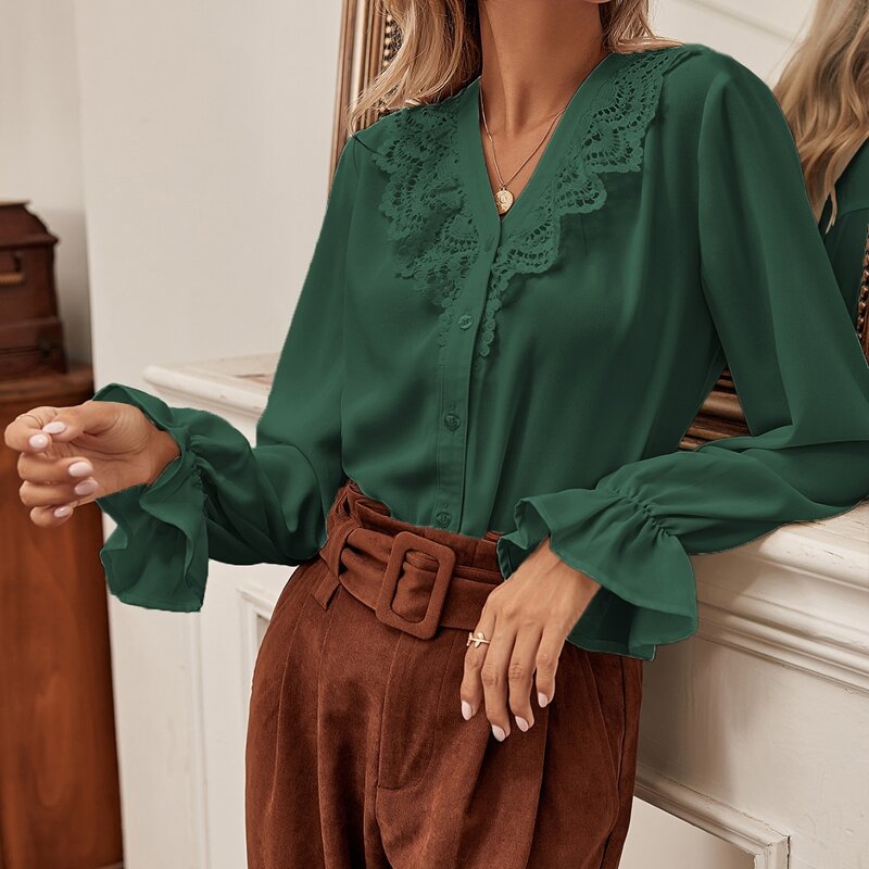 

Lace Panel Flounce Sleeve Button Up Blouse, Dark green