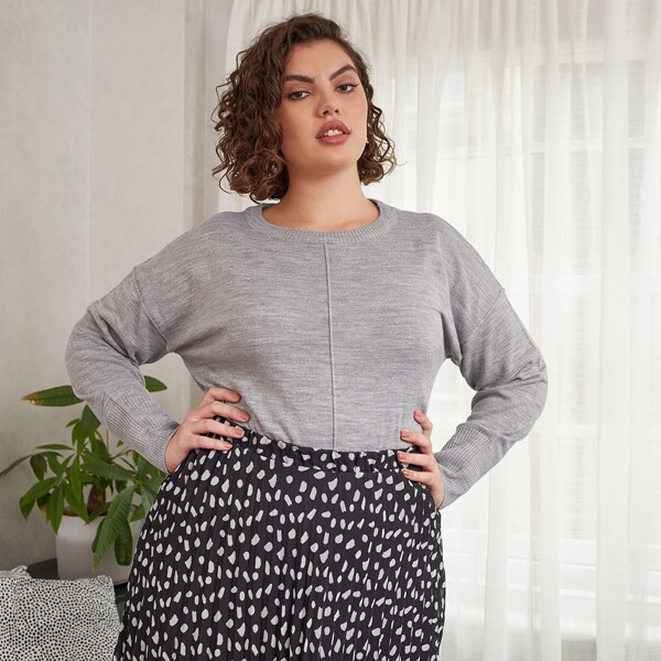 

Plus Solid Drop Shoulder Sweater, Grey