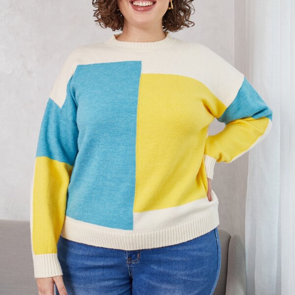 

Plus Color-block Drop Shoulder Sweater, Multicolor