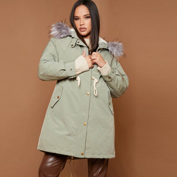 

Drawstring Waist Teddy Lined Fuzzy Trim Hooded Coat, Mint green