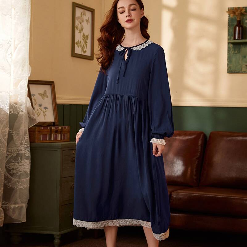

Lace Panel Tie Neck Night Dress, Navy blue