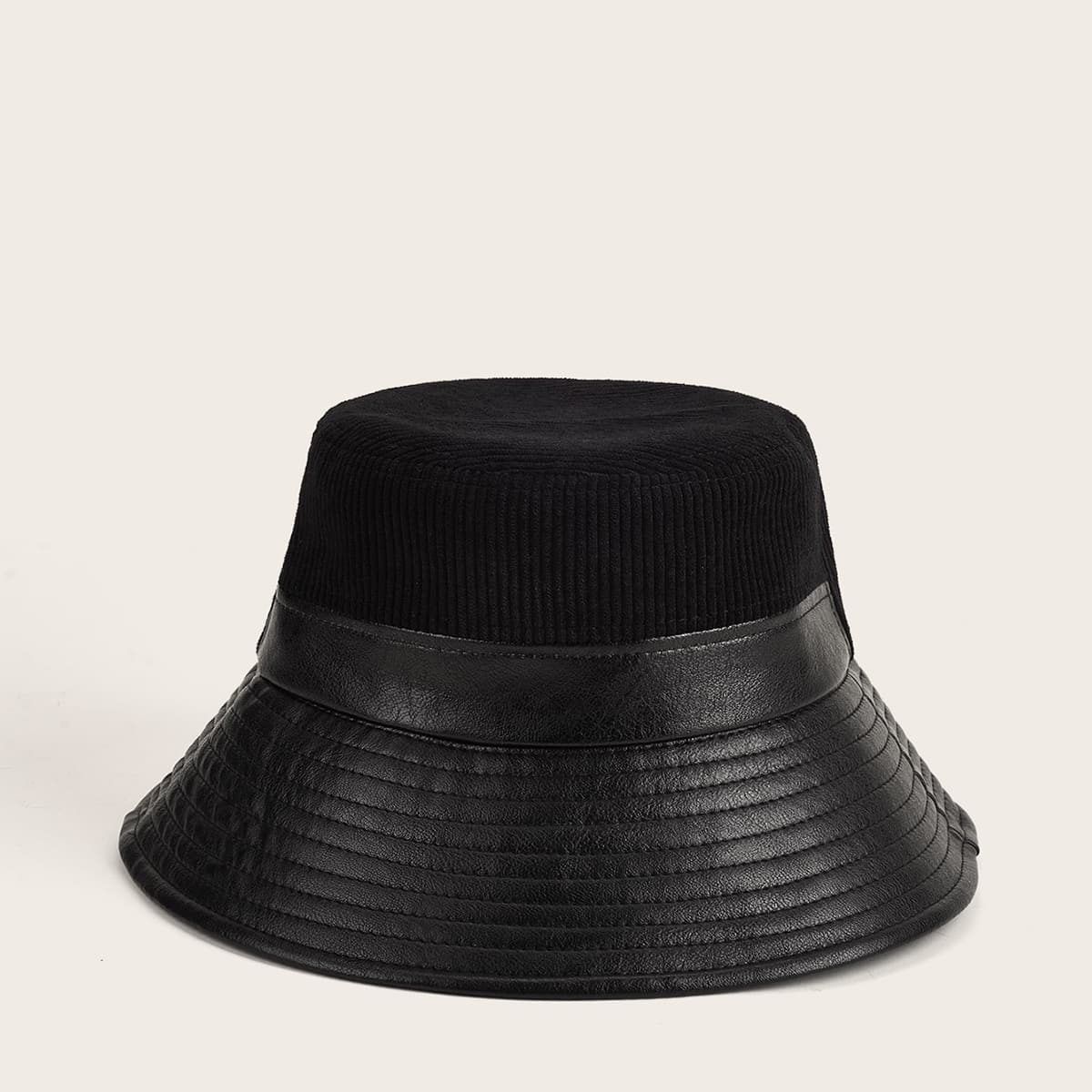 

Contrast Faux Leather Bucket Hat, Black