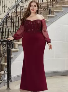 EVERPRETTY Đầm Plus Size ghép mộng kim sa Hấp dẫn - Màu Đỏ Sâu - Xem 1