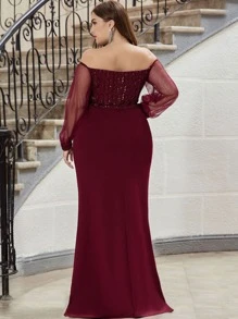 EVERPRETTY Đầm Plus Size ghép mộng kim sa Hấp dẫn - Màu Đỏ Sâu - Xem 2