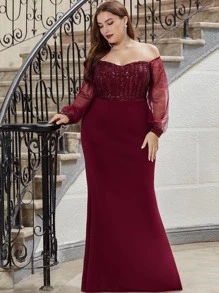 EVERPRETTY Đầm Plus Size ghép mộng kim sa Hấp dẫn - Màu Đỏ Sâu - Xem 3