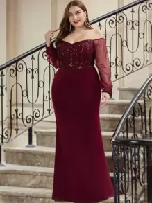 EVERPRETTY Đầm Plus Size ghép mộng kim sa Hấp dẫn - Màu Đỏ Sâu - Xem 4