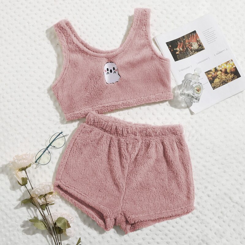 

Cartoon Embroidery Flannel Pajama Set, Dusty pink