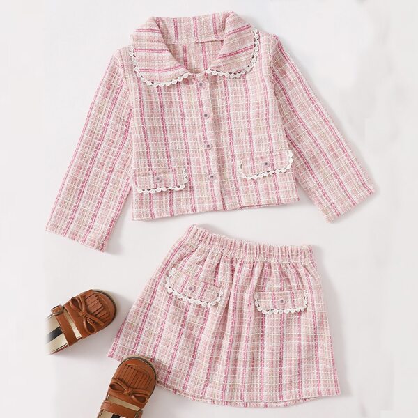 

Toddler Girls Tweed Contrast Lace Jacket & Skirt, Baby pink