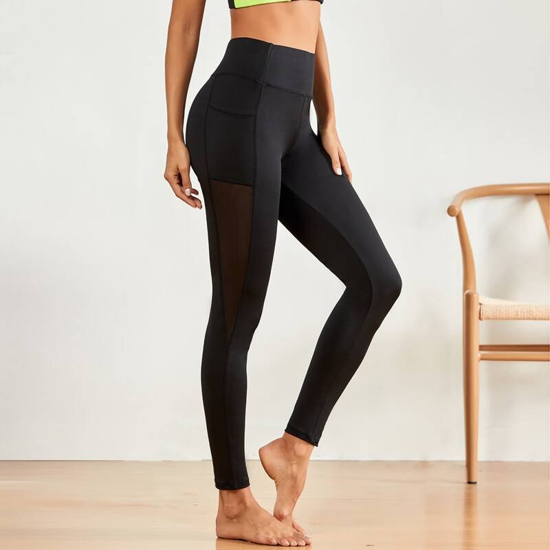 

Contrast Mesh Sports Leggings With Phone Pocket, Black