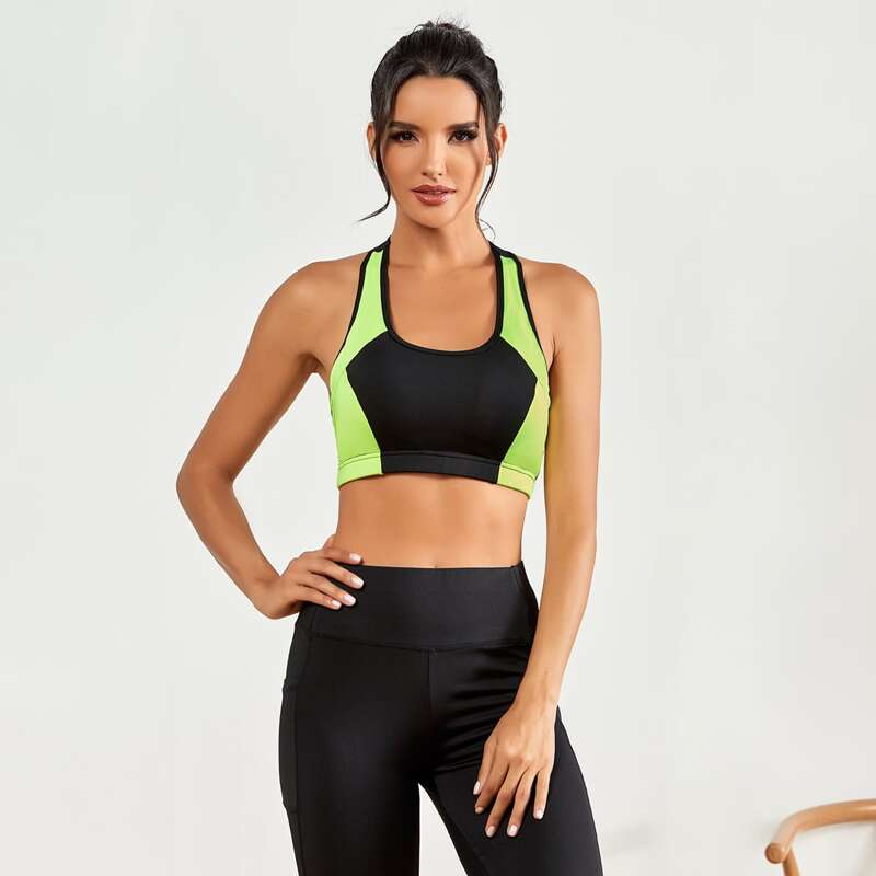 

Medium Support Contrast Panel Racer Back Sports Bra, Black