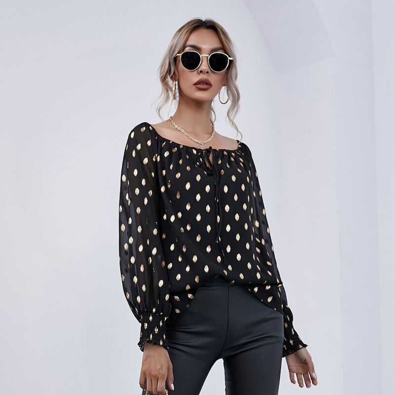 

Tie Neck Shirred Cuff Gold Print Top, Black
