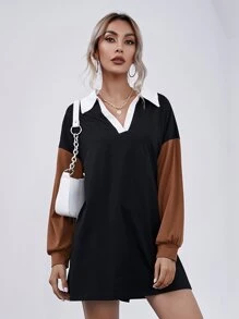 SHEIN LUNE Vestido estilo camiseta de color combinado de hombros caídos - Negro - Ver 1