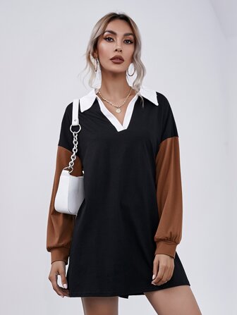 فستان تي شيرت بالوان متجانسة ومنخفض الكتف