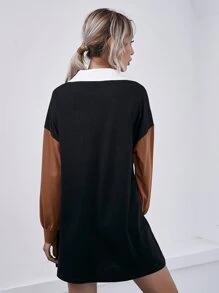 SHEIN LUNE Vestido estilo camiseta de color combinado de hombros caídos - Negro - Ver 2