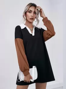 SHEIN LUNE Vestido estilo camiseta de color combinado de hombros caídos - Negro - Ver 4