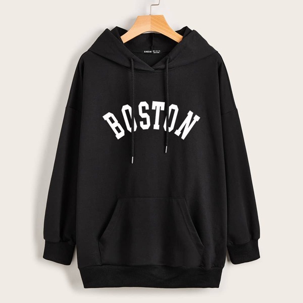 

Kangaroo Pocket Letter Graphic Drawstring Hoodie, Black