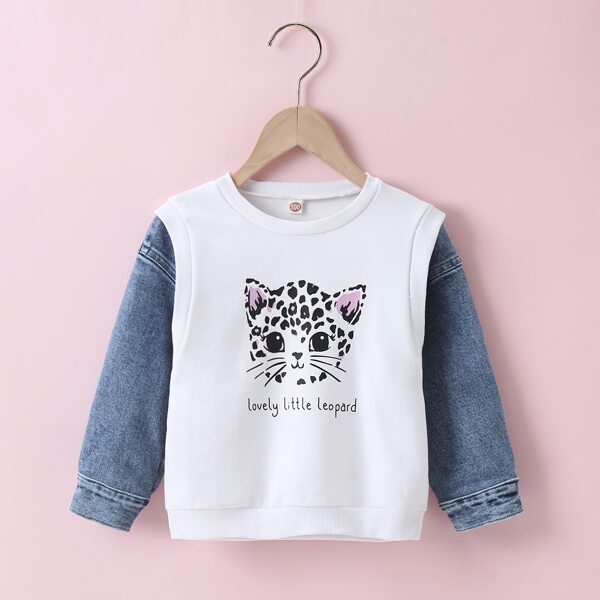 

Toddler Girls Contrast Denim Leopard & Slogan Graphic Sweatshirt, White